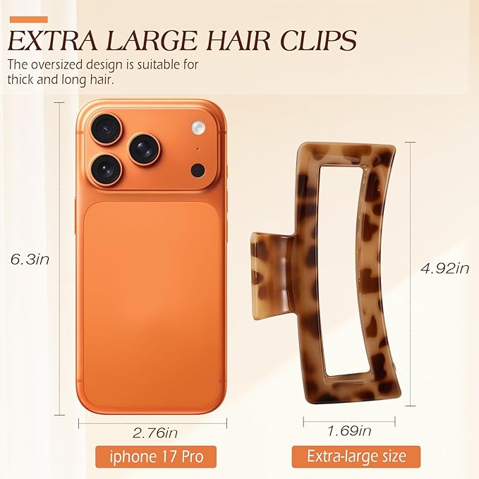 4 PCS 5 Inch Extra Large Claw Clips for Women, Tortoise Shell Jumbo Claw Clips for Thick Long Curly Hair, Oversized Matte Non-slip Rectangle, Durable Strong Hold Hair Clip,Non-slip Square Jaw Clip