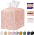 Tissue Box Holder Cover Square Tissue Cube Cover PU Leather Tissue Organizer with Bottom Belt for Bathroom, Tabletop, Kitchen, Night Stands, Office, Home, Car (1, RosyPink)
