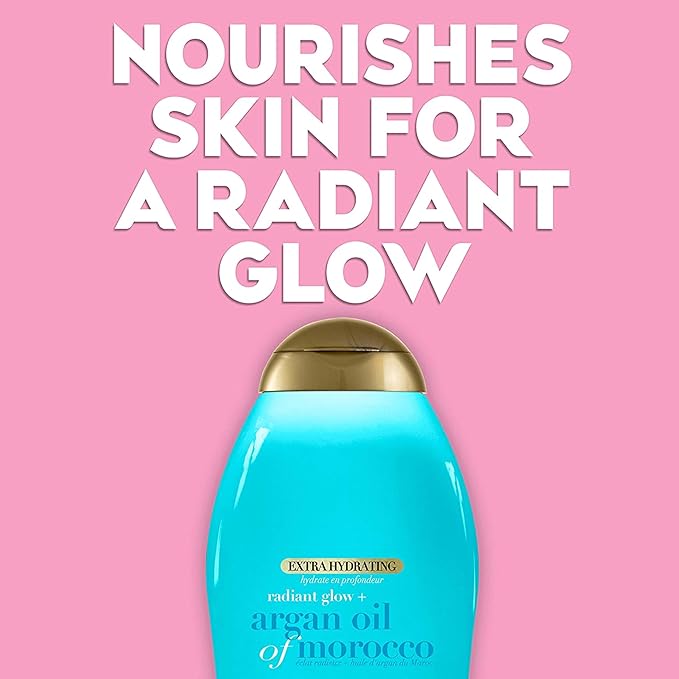 OGX Radiant Glow + Argan Oil of Morocco Extra Hydrating Body Wash for Dry Skin, Moisturizing Gel Cleanser - Silky Soft Skin, Body Wash for Women, Sulfate-Free Surfactants, 19.5 fl oz (Pack of 4)