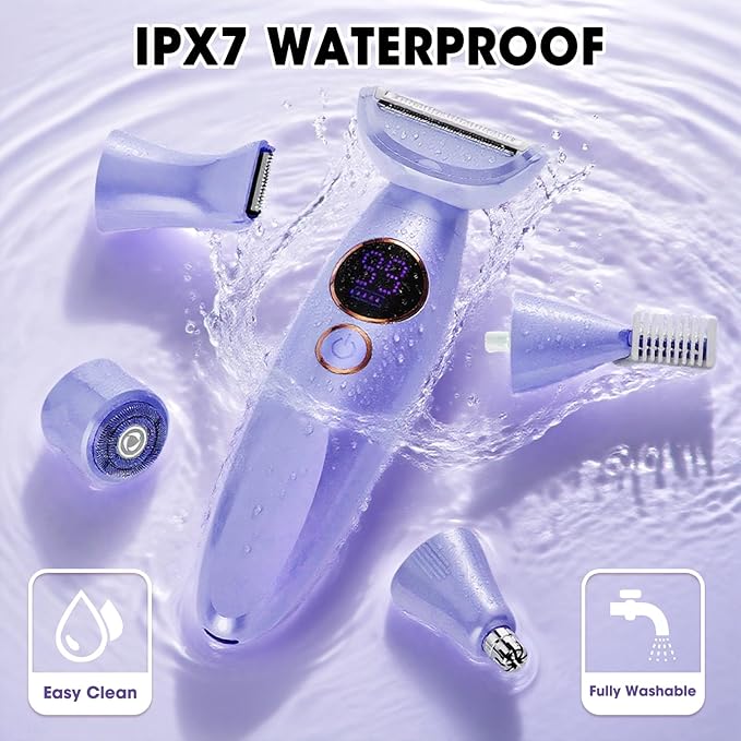 5 in 1 Bikini Trimmer for Women,IPX7 Waterproof Cordless Replaceable Pubic,Eyebrow,Facial Electric Razors&Nose Hair Trimmer&Painless Body Shaver for Arms Legs Underarms,USB Charge,LED Display,Wet&Dry