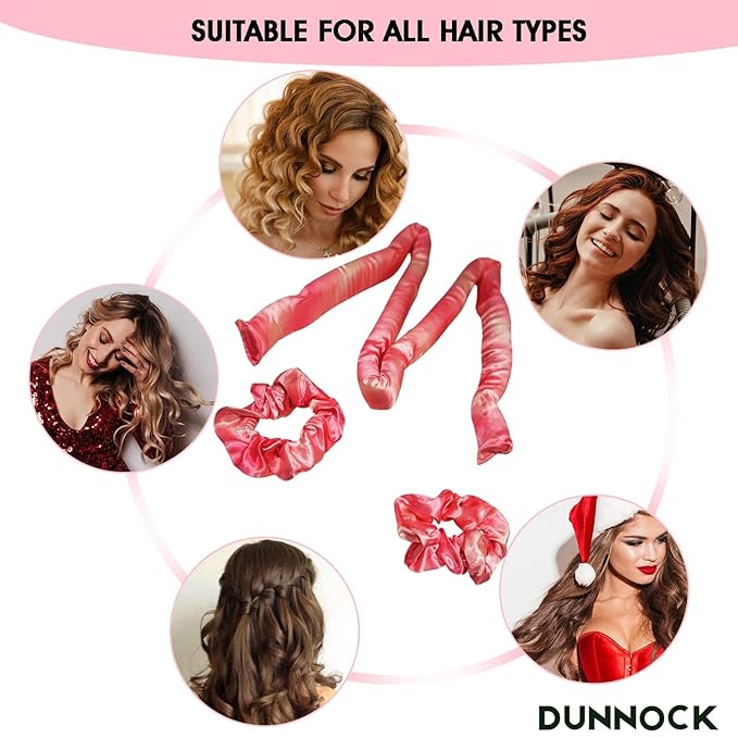 Dunnock Heatless Curling Rods Set Sakura Pink - Heatless Curls Overnight with 34" Hair Curler & 2 Satin Scrunchies No Heat Hair Curlers for Soft Waves & Bouncy Curls Damage Free Hair Styling Tool