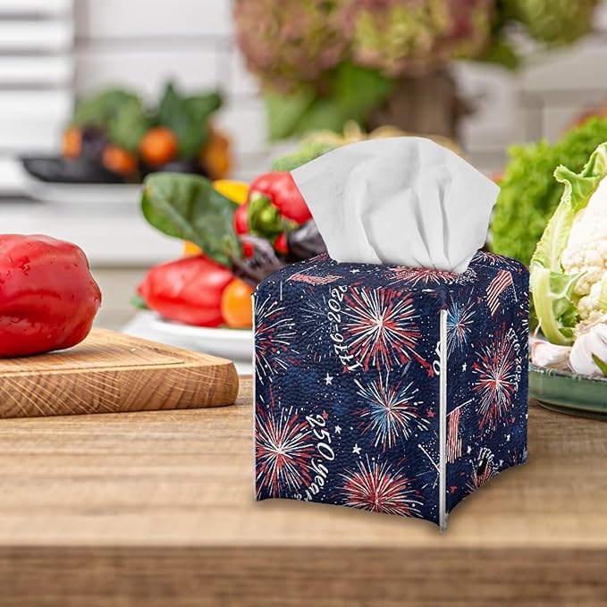 Firework USA Flag Tissue Box Holder Waterproof PU Leather Square Modern Tissue Box Cover with Metal Button Napkin Holder for Home Office Car