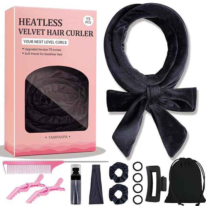 Heatless Curls Overnight Headband, 70'' No Heat Hair Curlers for Medium Long Hair, Black