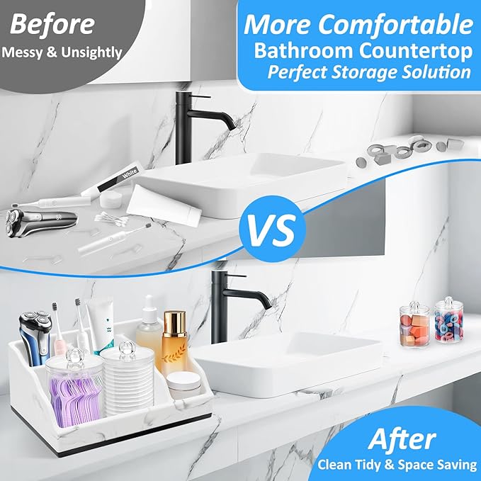 Bathroom Counter Organizer, White Marble Toothbrush Holders for Bathrooms with 2PCS Qtip Holder, Bathroom Countertop Organizer Toothbrush and Toothpaste Holder for Makeup Organizer for Vanity