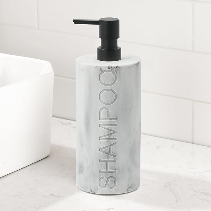 Resin White Marbled Shampoo Engraved Bottle Refillable Pump Dispenser, Durable Waterproof Construction for Bath, Shower - Resin White Marble - Matte Black Pump