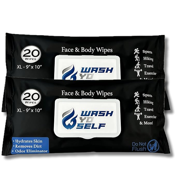 Wash Yo Self Body & Face Wipes – No Rinse Bathing Wipes for Adults & Kids, Unscented Shower & Travel Body Wipes with Aloe Vera & Witch Hazel Extract Wet Wipes (2 - Pack of 20)