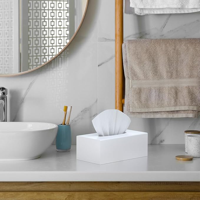 SILUT Tissue Box Cover Rectangle, Tissue Box Holder Decorative, Acrylic Tissue Box Cover, Tissue Holder for Bathroom, Home, Restaurant, Kitchen - Matte White