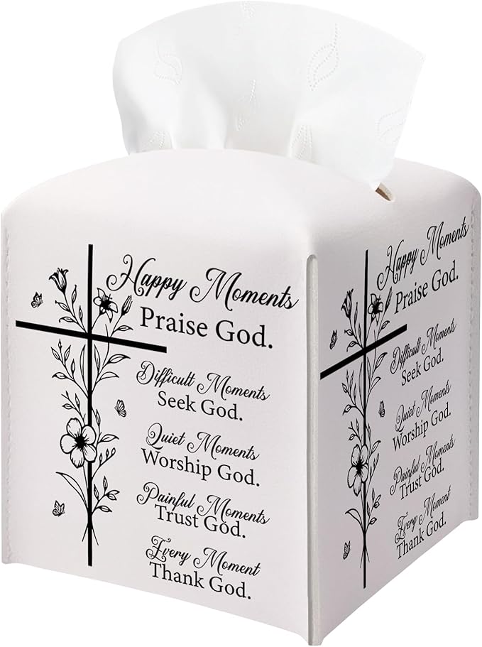 Christian Bible Verses Tissue Box Cover Square, Inspirational Quotes Waterproof Leather Tissue Box Holder, Cross Paper Facial Tissue Box Covers Cube for Office Bathroom Home Prayer Room Decor