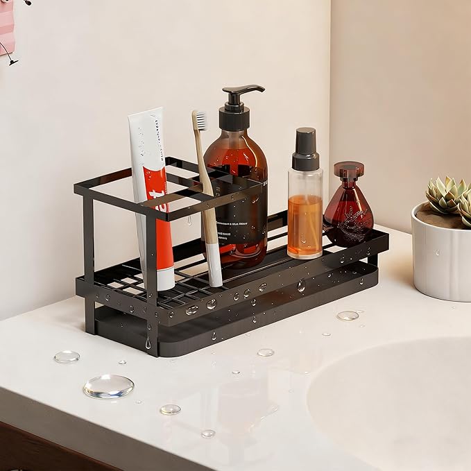 Toothbrush Holders for Bathroom,Carbon Steel Bathroom Organizer Countertopr for Electric Toothbrush,Toothpaste and Razors-Which is Perfect for Countertop Storage,Shower,Sink (Black)