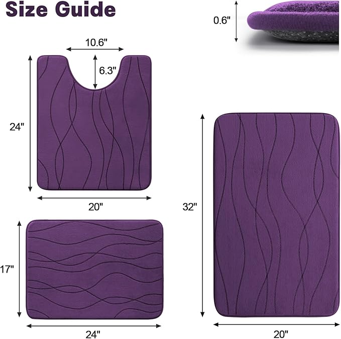 YIHOUSE Memory Foam Purple Bathroom Rug Sets 3 Piece, Ultra Absorbent Bath Mat for Bathroom - Non-Slip Machine Washable & Dry Quickly, 3 Piece Bathroom Mat Set, Purple