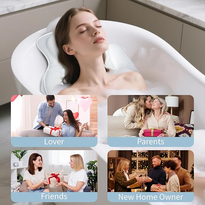 Luxury Bath Pillows for Tub with 4D Mesh Fabric - Thick and Soft Ergonomic Head Neck Back Support, Quick-Drying White Bath Pillows with Anti-Slip Suction Cups, Spa Gift for Adults and Seniors