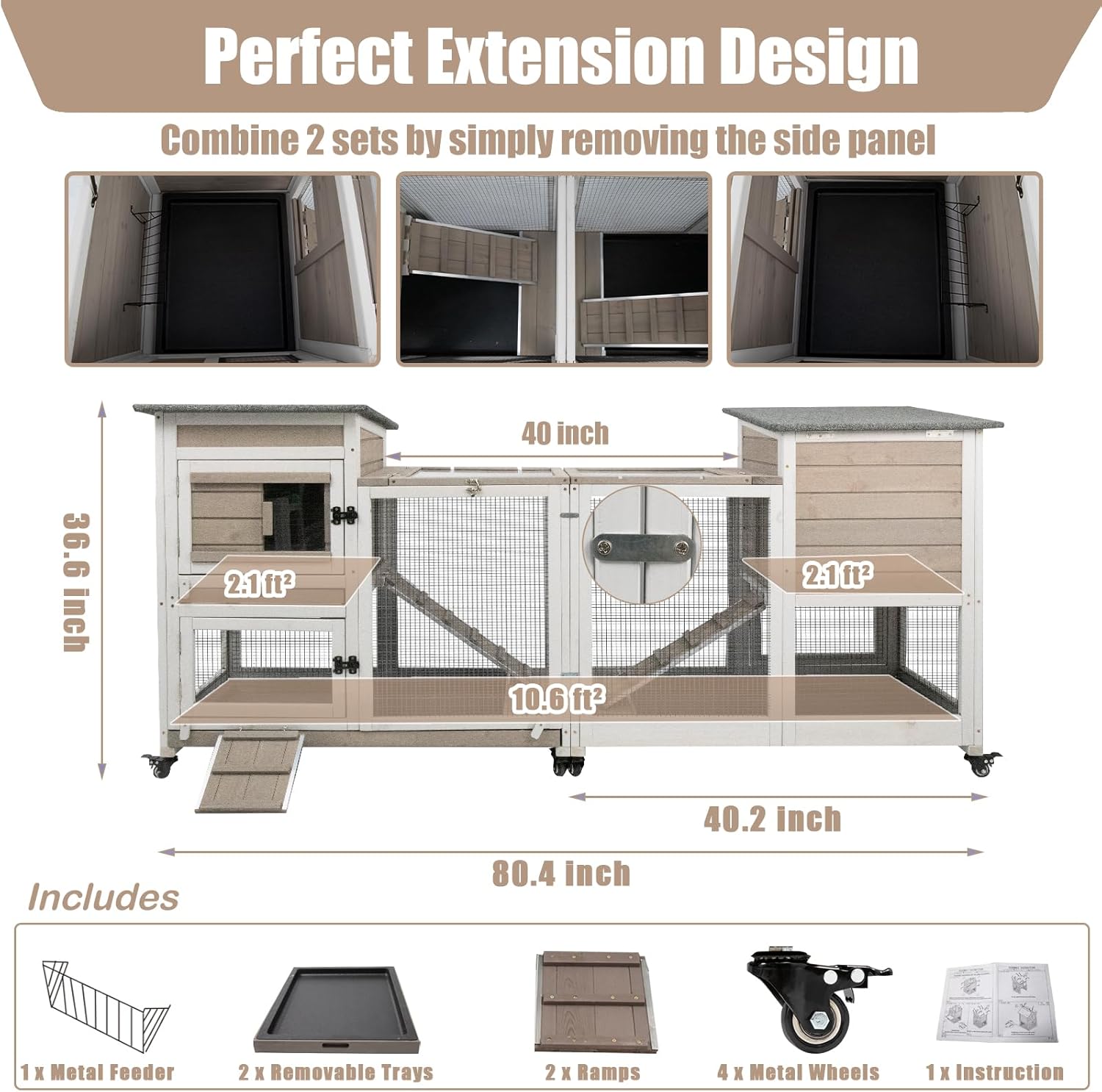 Rabbit Hutch Indoor 40" L Large 2 Story Outdoor Wooden Bunny Hutch with Run, 4 Metal Wheels & 2 Deeper Trays, UV-Proof Panel Rabbit Cage Guinea Pig Pet House for Small-Medium Animals