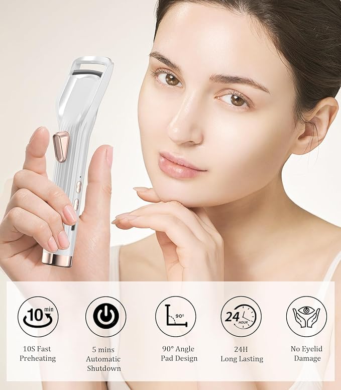 Heated Eyelash Curler Premium PRO - Fast Heat up in 8s - 24 Hours Long Lasting - Rechargeable Electric Eyelash Curler with Type-C, Innovative L Silicone, 2 Heat Modes, Anti-Burn Eyelid, White-GA