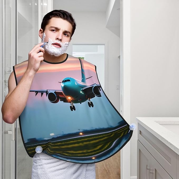 Airplane In The Evening Lights Print Beard Bib Apron For Men, Beard Hair Catcher For Men Shaving Trimming,Beard Cape Cloth