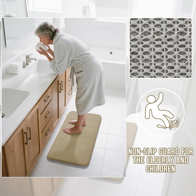 Yimobra Memory Foam Bathroom Rugs Sets 2 Piece - Super Soft Absorbent Quick Dry Bath Mat Set, Machine Washable Non Slip Floor Carpet for Tub Shower & Single Sink (17x24 & 31.5x20 Inch, Pale Khaki)