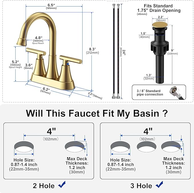 Bathroom Faucets for Sink 3 Hole, Hurran 4 inch Brushed Gold Bathroom Sink Faucet with Pop-up Drain and Supply Hoses, Stainless Steel Lead-Free Centerset Faucet for Vanity RV, 2 Pack