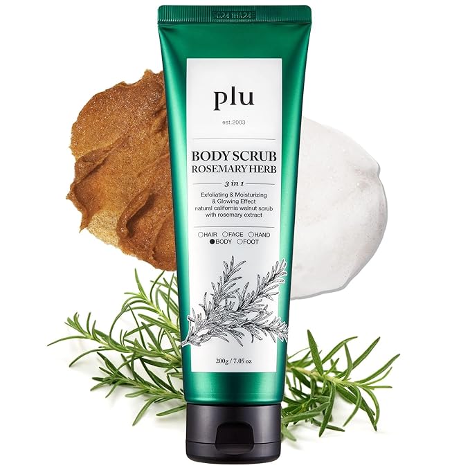 PLU Original Korean Walnut Body Scrub Polish - Rosemary Herb - Exfoliating, Hydrating & Smoothing for Radiant Skin Texture - Fresh Chamomile & Rosemary Scent, 7.05 oz.