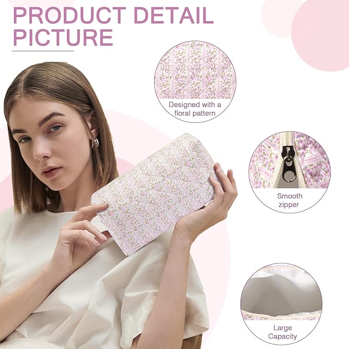 Floral Makeup Bag, Cute Cosmetic Bag for Women Girls, Quilted Cotton Make up Pouch, Travel Makeup Bags, Portable Storage Toiletry Organizer Bag(Pink Floral)