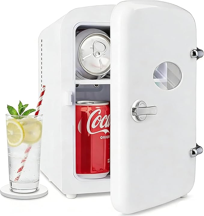 Simple Deluxe 9 Can 6L Mini Fridge with Clear Observation Window, Freon-Free Portable Compact Fridge, Cooler & Warmer for Drinks, Skincare, White