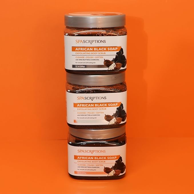 SpaScriptions African Black Soap Sugar Scrub - Detoxifying Body Scrub Exfoliator with Shea Butter & Charcoal, Ideal for Oily or Congested Skin, Supports Deep Pore Cleansing & Clarifying Skin, 21 oz