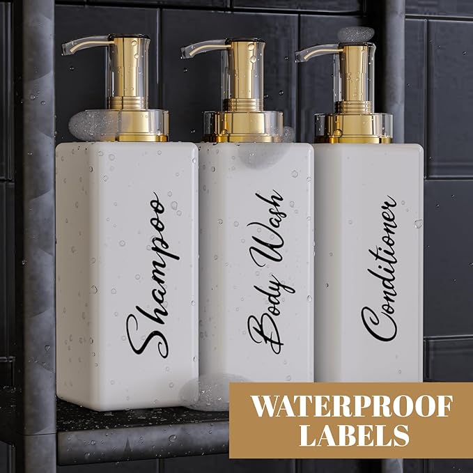 Akalin Refillable Shampoo and Conditioner Bottles, 16oz White and Gold Soap Dispenser Bathroom, Shampoo and Conditioner Dispenser for Bathroom Lotion Body Wash Massage Oils (White)