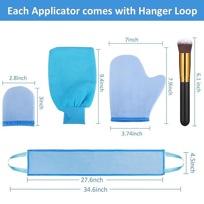 Boao 5 Pieces Self Tanning Mitt Applicator Kit, Includes Tanning Mitt, Exfoliating Glove, Mini Face Glove, Back Lotion Applicator, and Large Brush Makeup(Blue)