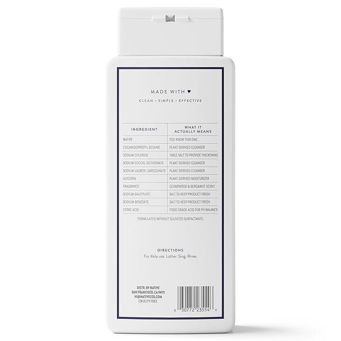 Native Body Wash Contains Naturally Derived Ingredients | For Women & Men, Sulfate, Paraben, & Dye Free Leaving Skin Soft and Hydrated | Cedarwood & Bergamot 18 oz