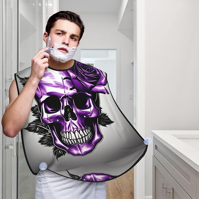 Purple Rose And Skull Print Beard Bib Shaving Apron, Beard Hair Trimming Cape Gift For Dad