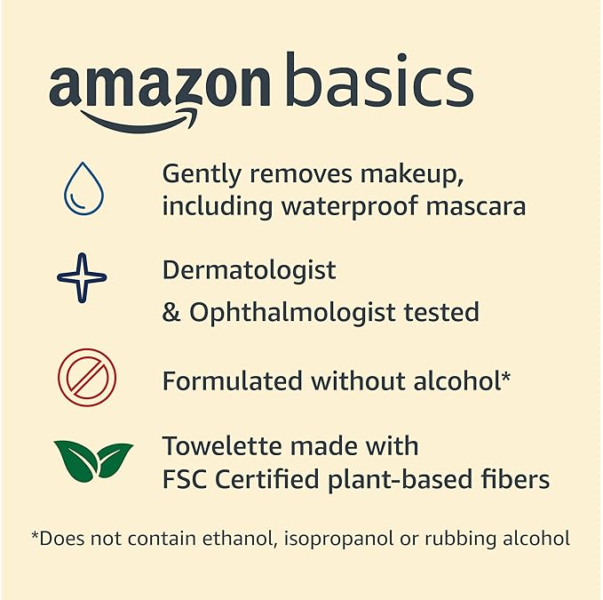 Amazon Basics Makeup Remover Wipes, Formulated without Fragrance and Alcohol-Free, Gentle Cleansing, Removes Waterproof Mascara, Dermatologist Tested, 25 Count, Pack of 2