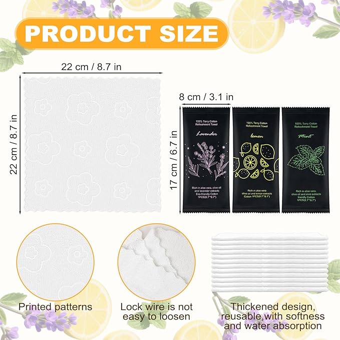 Moist Cotton Towel Bulk Moist Towelettes Individually Wrapped 8.7" x 8.7",White Towel Services,Refreshment Pre Moistened Towels Lavender,Lemon and Mint for Sport Party Spa(Pack of 300)