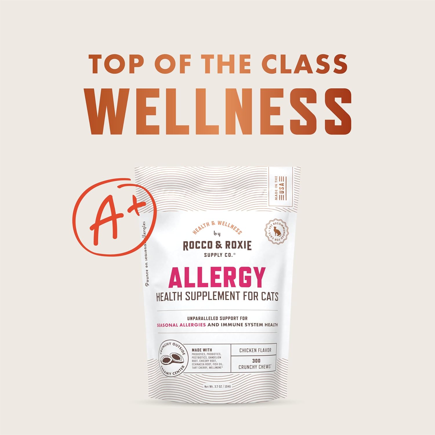 Rocco & Roxie Allergy Relief for Cats, Cat Supplements & Vitamins, Probiotics to Support Gut Health, Fish Oil for Skin, Sneezing and Itching from Seasonal Allergies, Tart Cherry Immune System Support