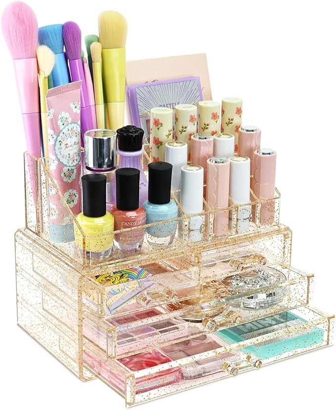 Ikee Design Acrylic Makeup Organizer with 4 Drawers Removable Top Lipstick Holders, Cosmetics Organizer for Skincare, Accessories, Lip Gloss for Vanity or Bathroom Countertop, Gold Glitter