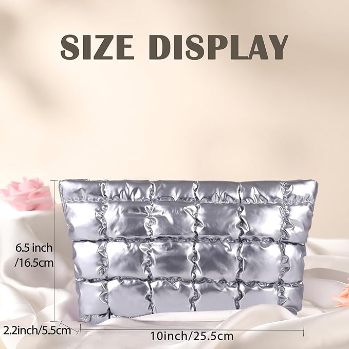 Puffy Quilted Makeup Bag, Cosmetic Bag, Travel Toiletry Organizer Pouch, Clutch for Women (Silver)