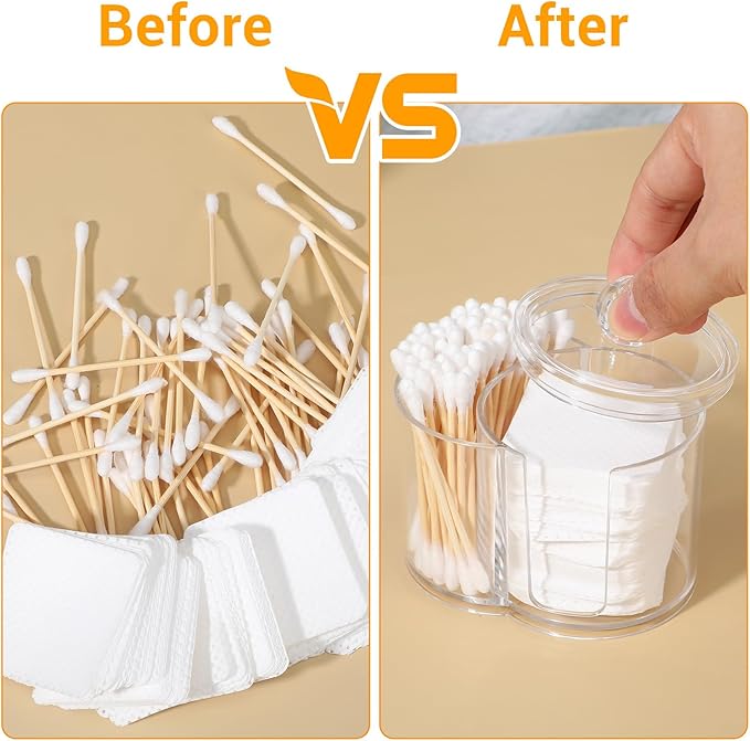 Yolev Qtip Holder with Dual Compartments Clear Cotton Round Holder Plastic Vanity Canister with Removable Dustproof Lid Cotton Swab Container for Cottons Swabs Makeup Storage Container Accessories