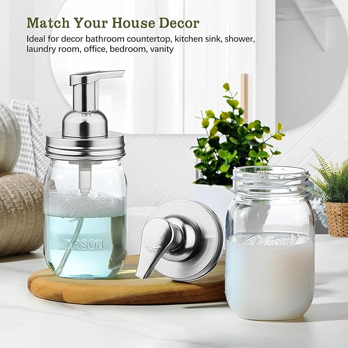 Amolliar Mason Jar Foaming Soap Dispenser Lids, Plastic Foam Pump Lids for Regular Mouth, Foaming Replacement Pump Set, Farmhouse Kitchen BathroomShower, Includes Waterproof Stickers - 2 Pack, Silver