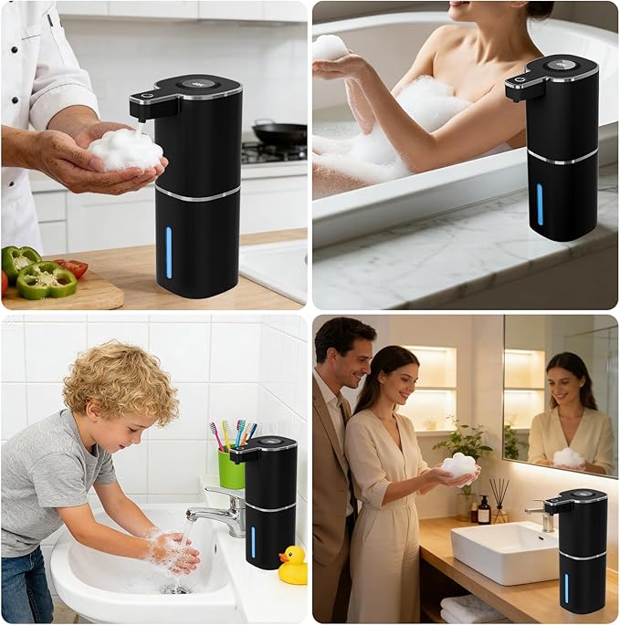 Automatic Foaming Soap Dispenser, Touchless Rechargeable Hand Soap Dispenser, 4 Adjustable Levels, 1200mAh Battery, Large Display, for Kitchen & Bathroom (Black, Foaming)