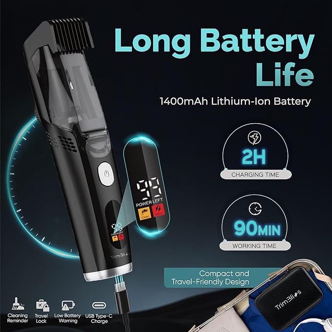 Vacuum Beard Trimmer for Men – Rechargeable Trimmer with Vacuum, Titanium Blade, Adjustable Comb, Waterproof Cordless Hair Clippers & Beard Kit for Less Mess Grooming