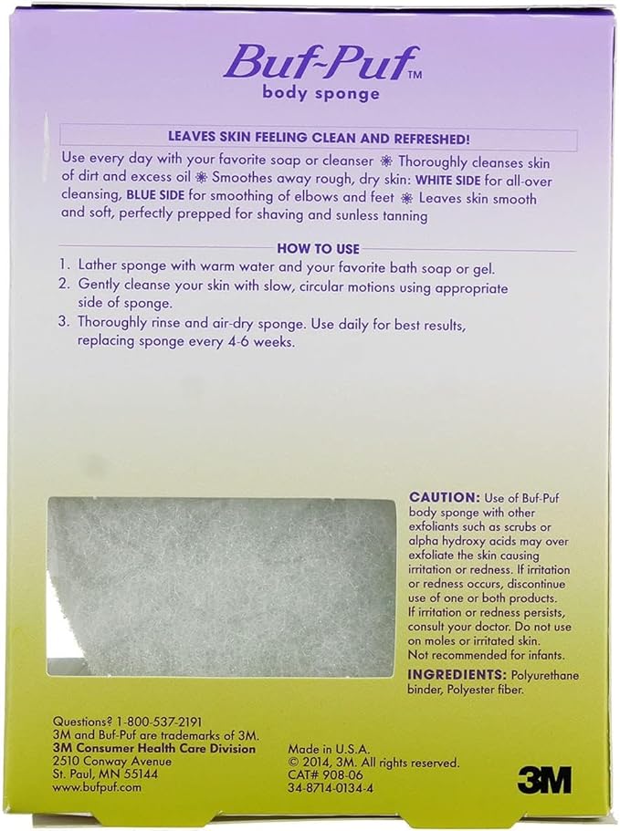 Buf-Puf Body Sponge, Bath Sponge, Dermatologist Developed, Cleanses Skin of Dirt, and Excess Oil, Reusable, Exfoliating, 4 Count