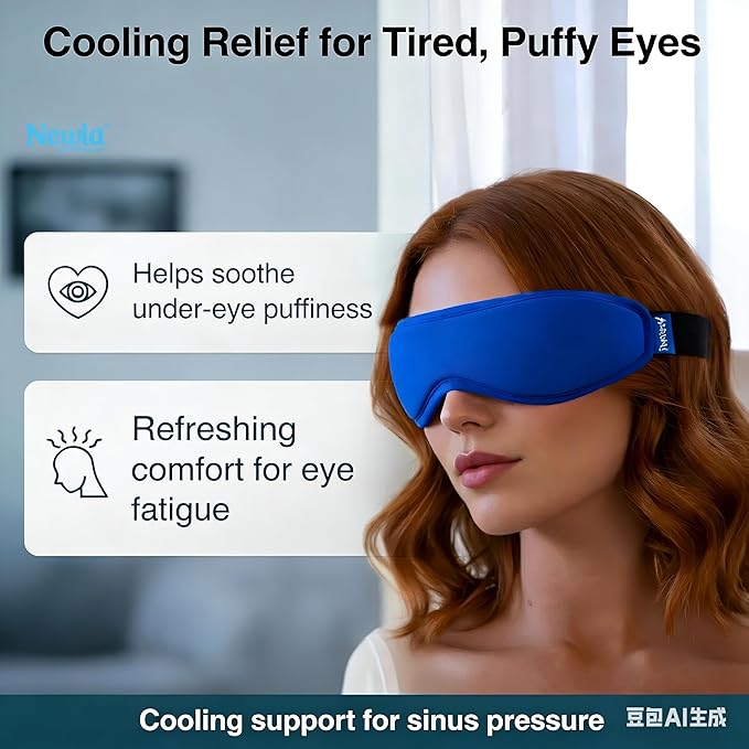 Cooling Gel Eye Mask for Puffy Eyes, Reusable Contoured Cold Eye Mask for Dark Circles, Eye Fatigue & Sinus Pressure, Soft Flexible Ice Pack with Adjustable Strap, Blue