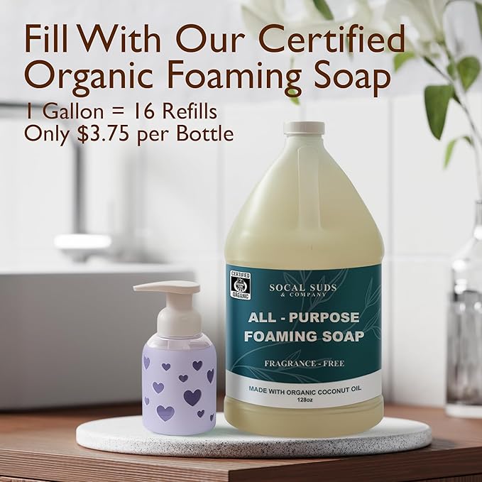 SoCal Suds & Company Foaming Hand Soap Dispenser Glass, Liquid Soap Pump with Heart Silicone Sleeve, Refillable Bottle for Kids, Baby Wash & Shampoo, Ideal for Bathroom & Kitchen Use, Soft Purple, 8oz