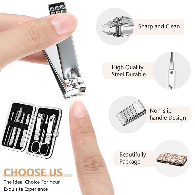 Geosar 12 Set 8 in 1 Manicure Set Stainless Steel Nail Clippers Kit Pedicure Care Tools with Leather Case Travel Grooming Kit Gift for Women Men Gift(Glitter Rose Gold)