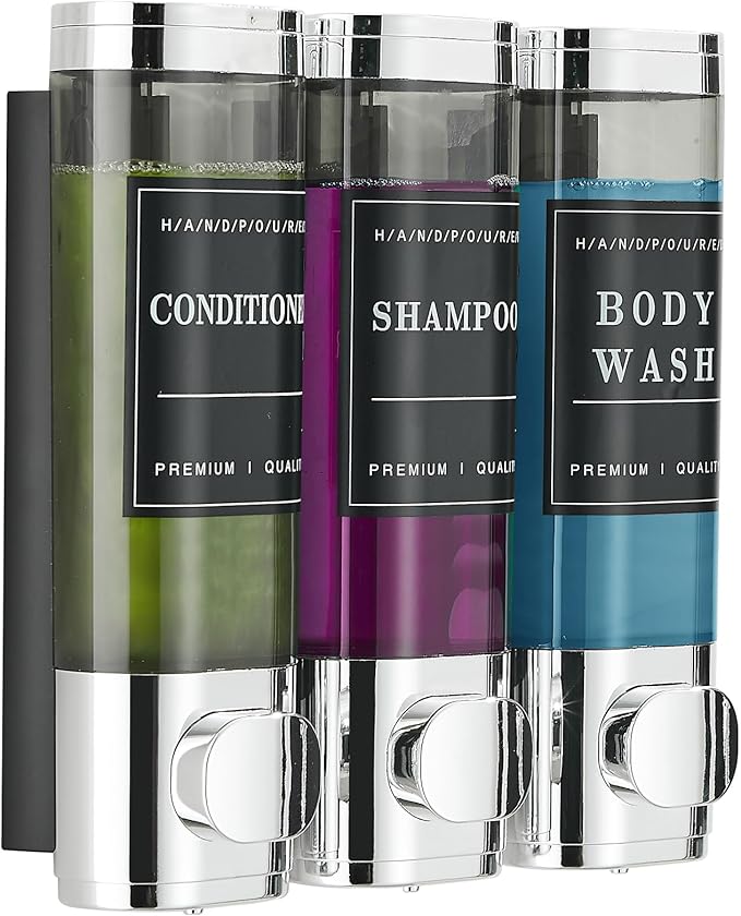 Shampoo and Conditioner Dispenser,Shower Dispenser 3 Chamber No Drill Wall-Mounted Shampoo Dispenser for Shower Wall Mounted Shower Soap Dispenser for Bathroom Hotel Large Capacity,Chrome1