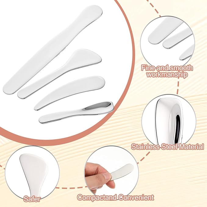 4 PCS Mini Metal Makeup Spatula, 4 Styles Multi-functional Stainless Steel Cosmetic Spatula Reusable Skin Care Cosmetic Spatulas Facial Applicator Tool for Face Mask Cream Lotions Moisturizers