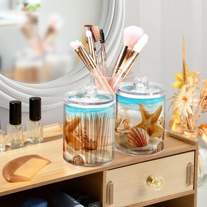 ALAZA 2 Pack Qtip Holder Dispenser for Cotton Ball Beach Starfish Ocean 2 Cotton Swab Round Pads Clear Plastic Acrylic Jar Set Bathroom Canister