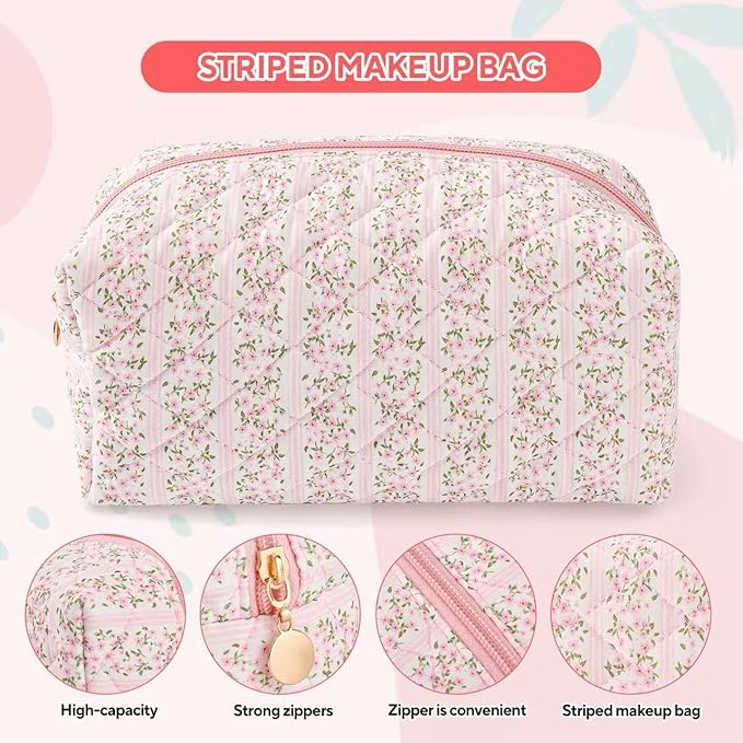 Floral Makeup Bag,Floral Quilted Makeup Pouch,Large Cosmetic Bag,Fashionable Travel Makeup Pouch, Cute Pink Makeup Bag,Puffy Coquette Make up Bag, Attractive Quilted Make up Bag