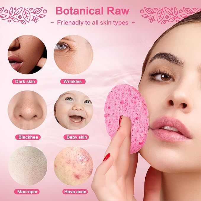 60-Count Compressed Facial Sponges Natural Cellulose - Reusable Professional Face Sponge for Cleansing, Exfoliating & Makeup Removal, Gentle Spa Skincare Tools for Travel Home Bath (pink)