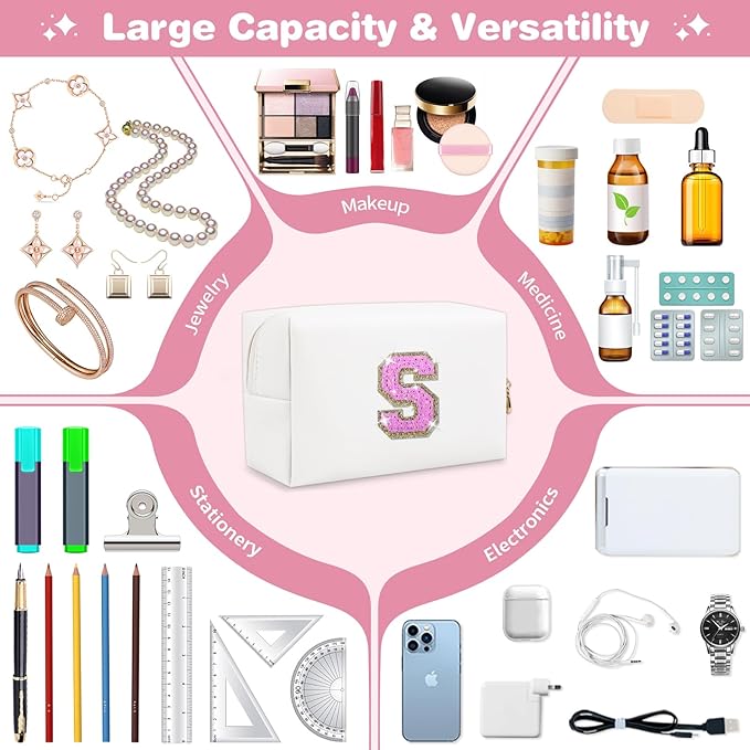 Small Initial Patch Makeup Bag Personalized Gifts Make Up Bag,White Cute PU Leather Glitter Letter Cosmetic Bag with Zipper,Trendy Portable Travel Toiletry Pouch,Preppy Stuff for Teen Girls Women S