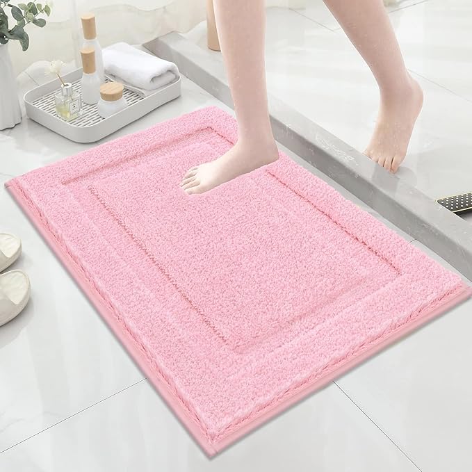 SHACOS Pink Bathroom Rugs Sets 2 Piece 47x20 + 32x20 inch, Non Slip Bath Mat Microfiber Washable Bathroom Rugs, Soft Fluffy Water Absorbent Bath Mats