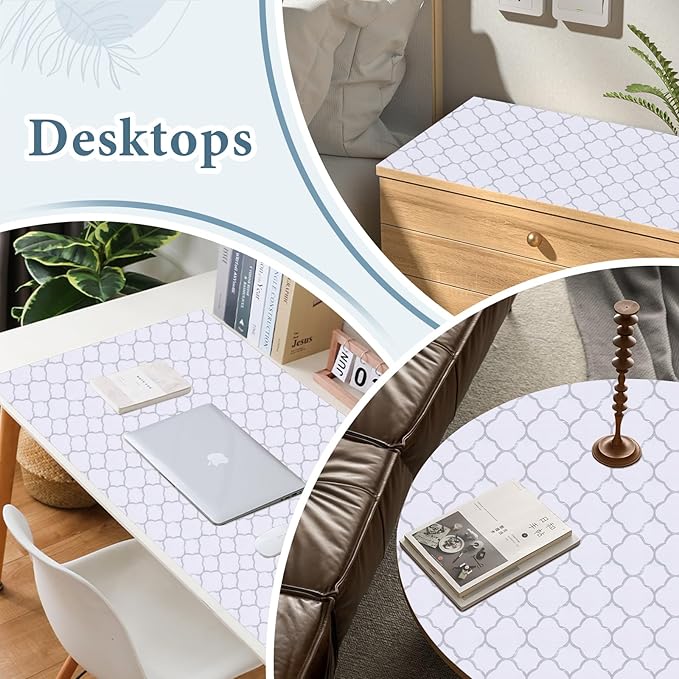 Shelf Liners for Kitchen Cabinets 12in x 30FT Non Adhesive Drawer Liner Silver Quatrefoil Shelf Liner Paper Strong Non-Slip Easy to Clean for Tool Box Refrigerator with Knife and Tape Measure