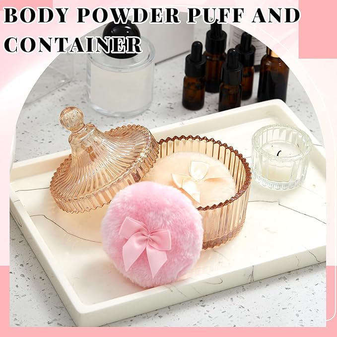 Tioncy 3 Pcs Large Body Powder Puff and Container Valentine's Day gift Powder Container with Puff Crystal Case Soft Washable Reusable Velour Face Body Glitter Wet Dry Makeup(Classic,Amber)
